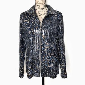 Misook Paillettes Blue and Black Animal Print Front Zip Jacket Size Small